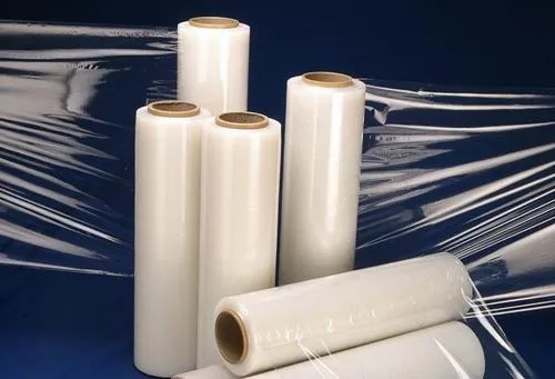 Industrial packaging warehouse showing pallets wrapped in stretch film